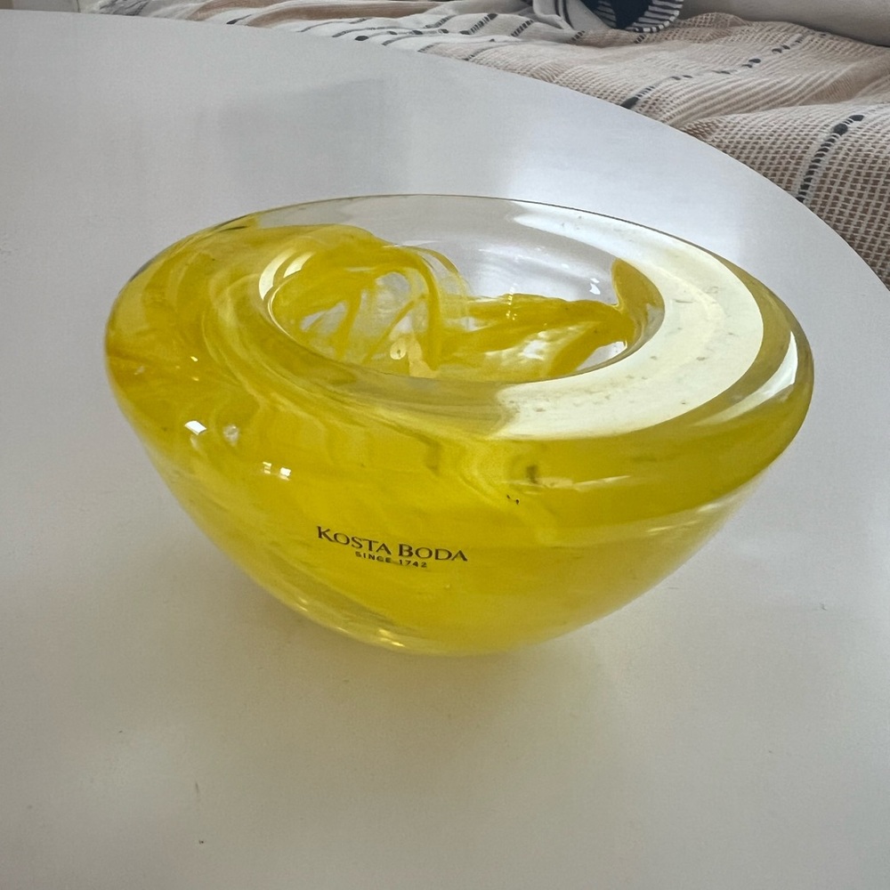 Kosta Boda Glass Atoll Candle Holder Yellow Swirl Bowl Votive Ann Ehrner - Picture 2 of 7
